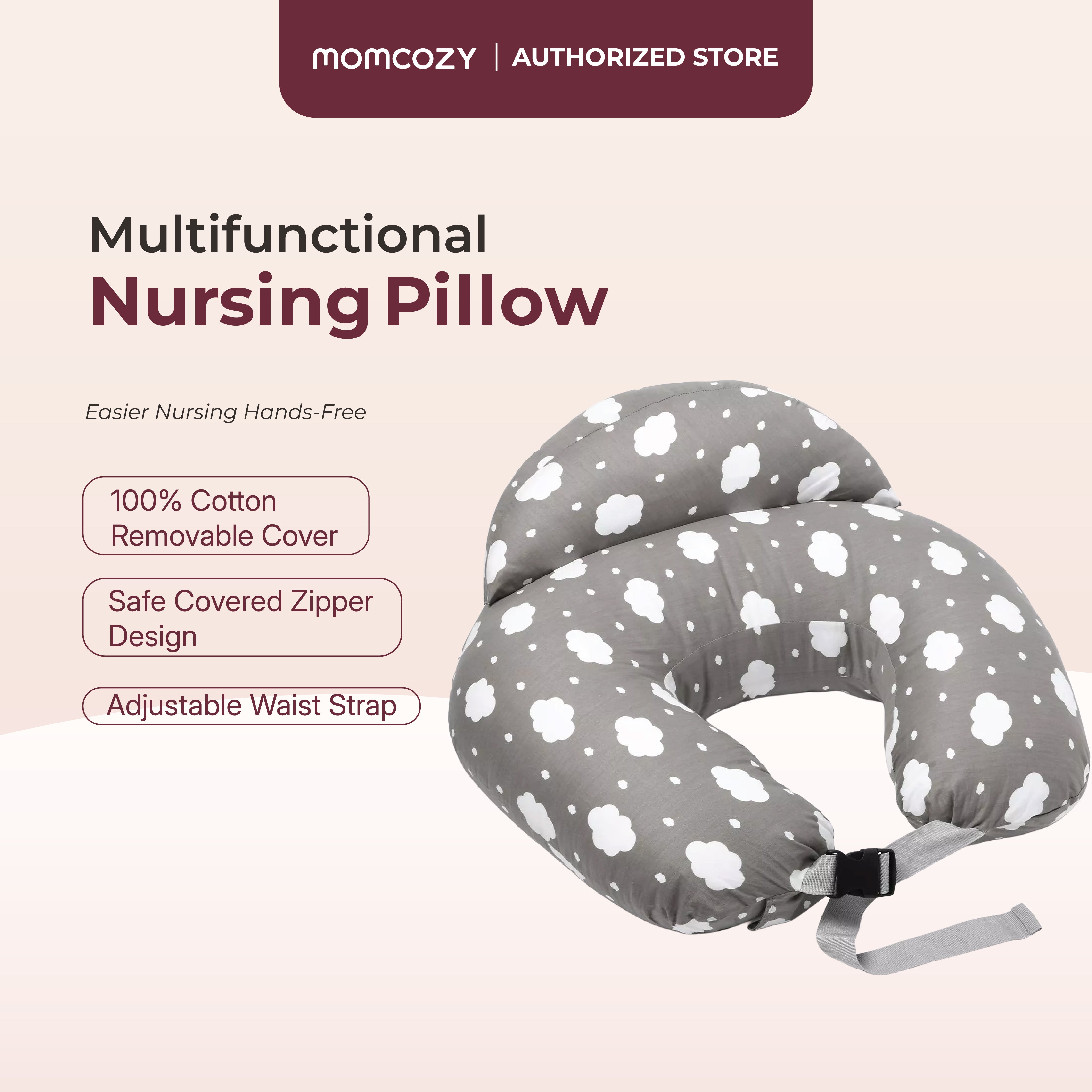 Momcozy Adjustable Nursing Pillow, White/Grey Clouds