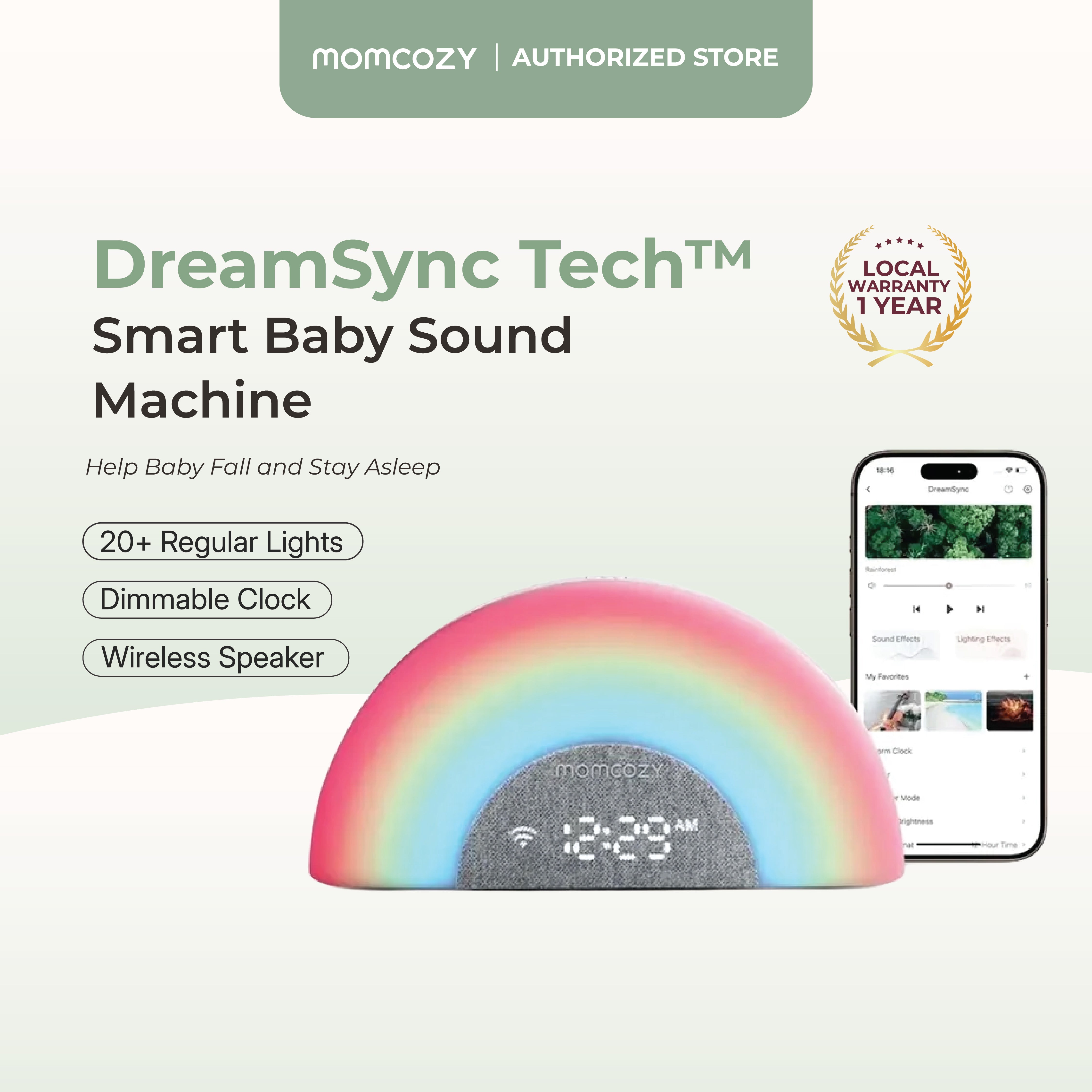 Momcozy DreamSync™ Smart Baby Sound Machine - Rainbow Light & App Control