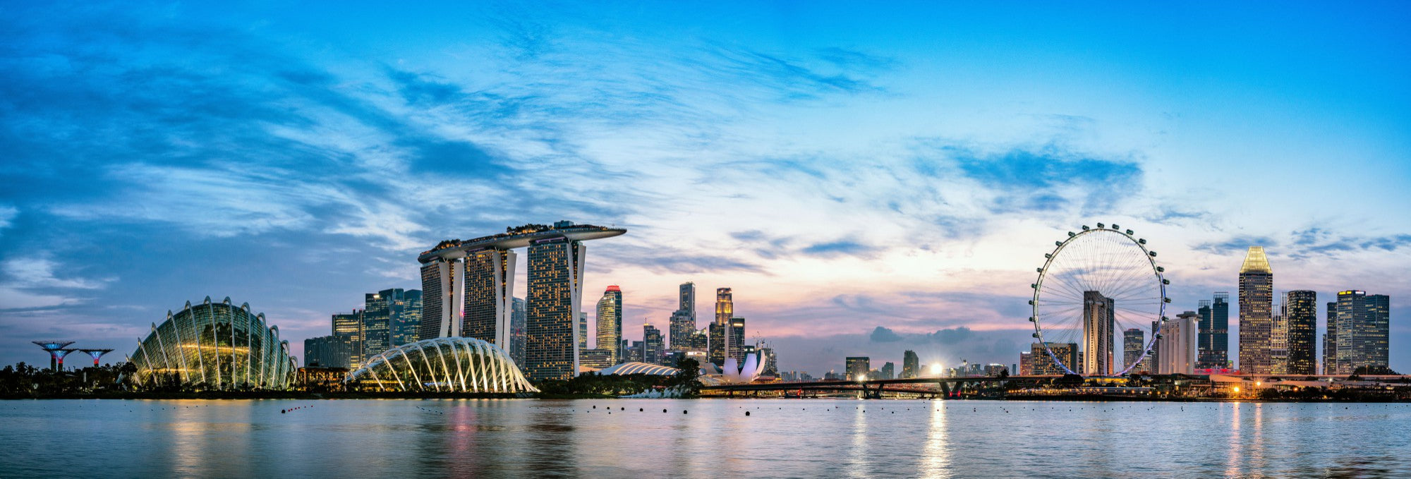 Wide panorama image singapore skyline dusk